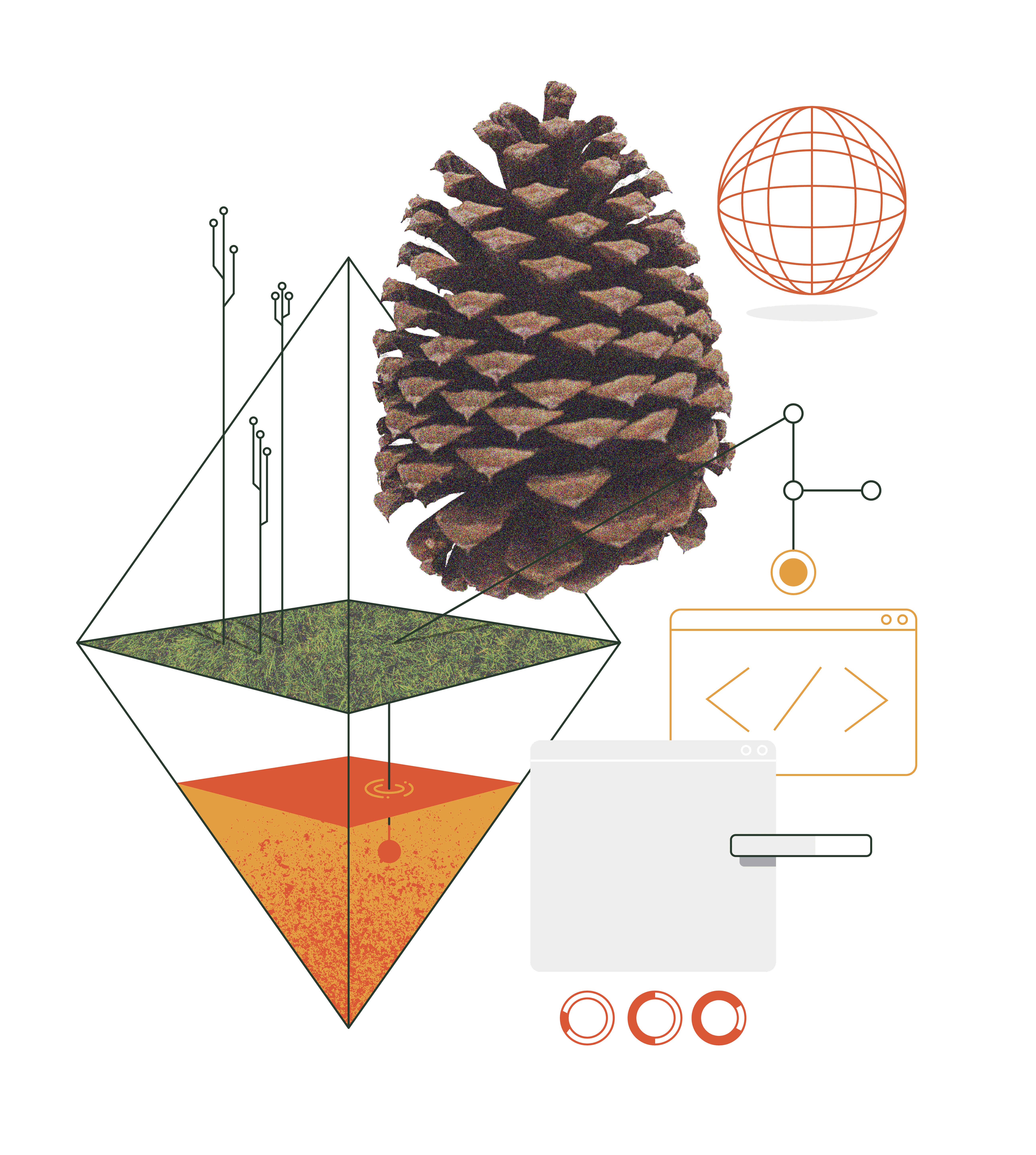 A pinecone, geometric shapes, a coding screen, and circuit symbols are arranged together, suggesting a blend of nature and technology./Designed by Carly Berry - https:/carlyberry.design/