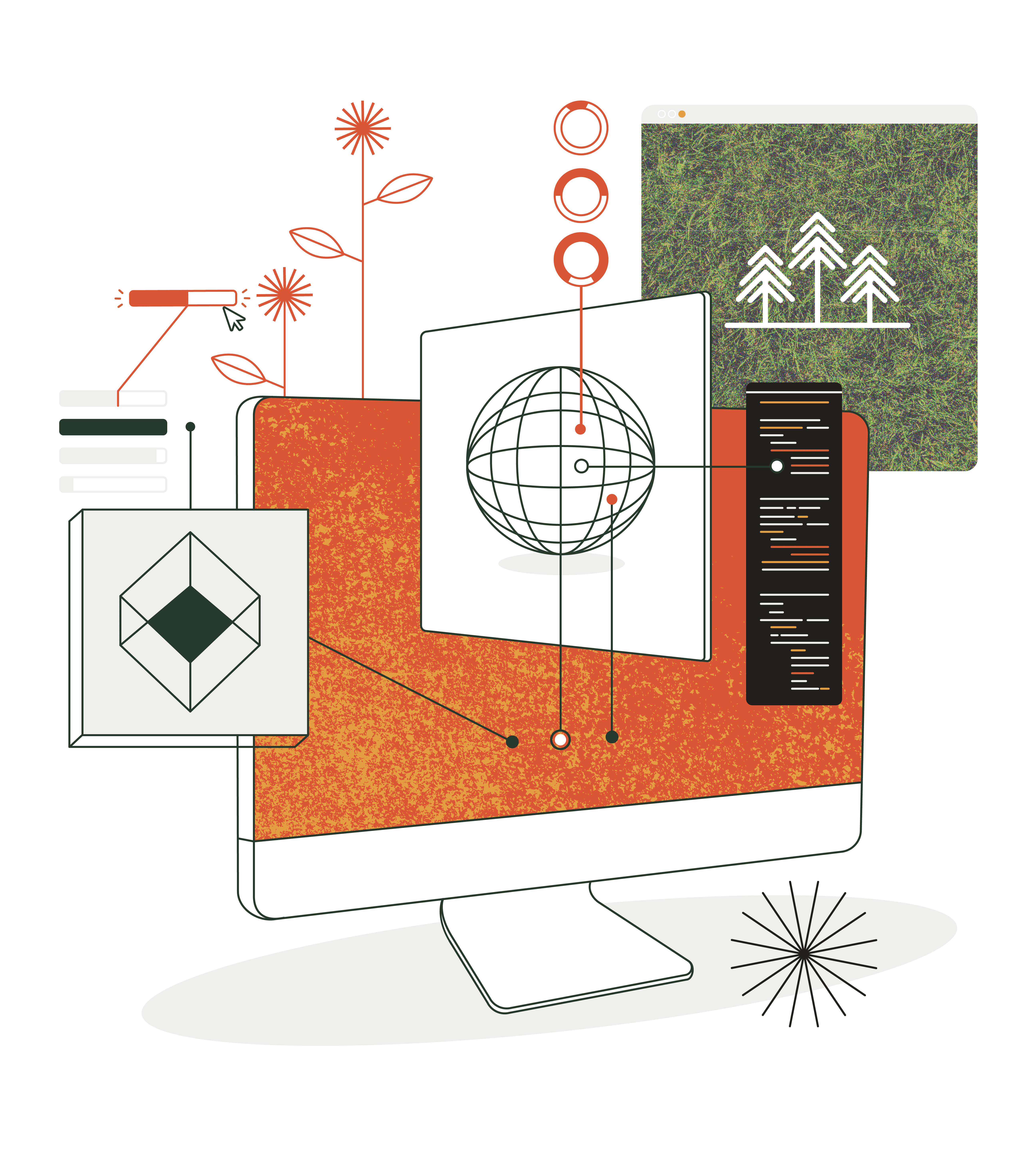 Illustration of a computer with abstract design elements, including code, UI components, a globe, and nature-inspired graphics./Designed by Carly Berry - https:/carlyberry.design/ 